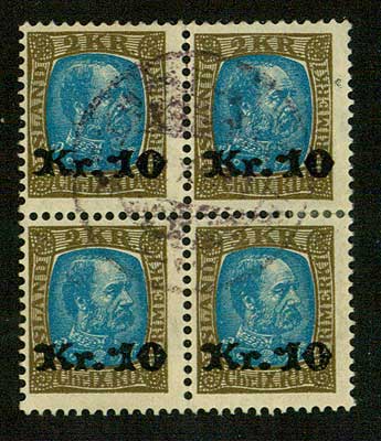 IC01425 Iceland Scott # 142 F-VF Block of 4 used, surcharge 1929