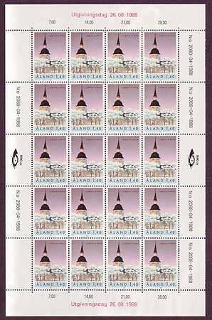Aland sheet of 20 stamps showing Jomala church and Tower