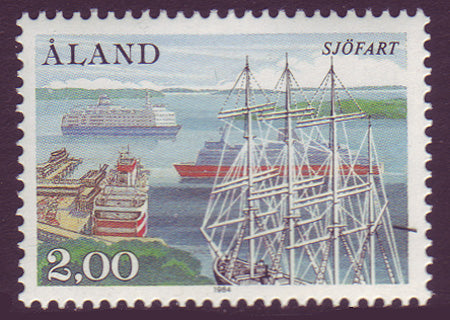 Aland stamp showing ships and Mariehavn harbour