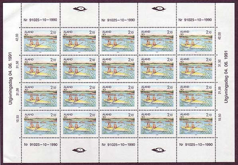 Aland sheet of 20 stamps showing boy and girl kayaking.