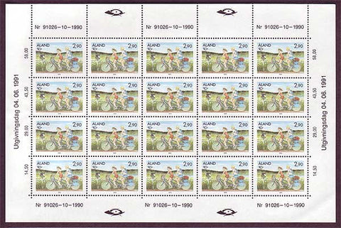 Aland sheet of 20 stamps showing boy and girl on tandem bicycle