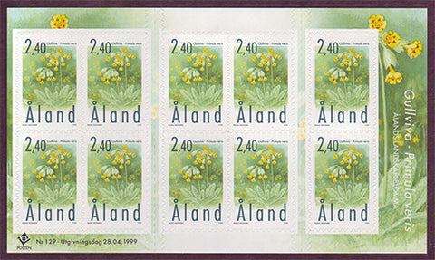 Alands booklet pane of 10 stamps showing Cowslips