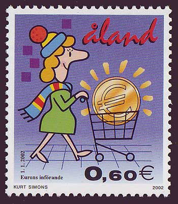 Aland stamp showing cartoon of woman, shopping cart and huge golden Euro coin .