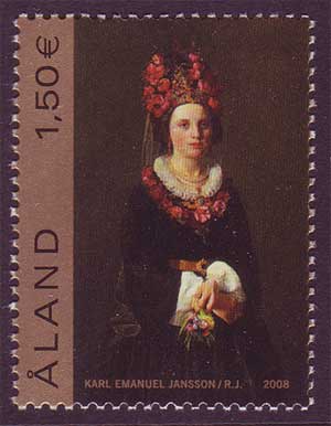 Aland stamp showing portrait of a peasant bride. 