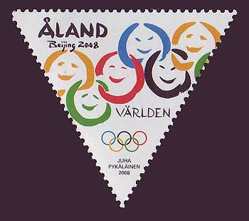 Aland stamp showing Olympic rings with smiling faces