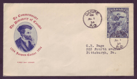 BAFDC # 208, 3¢ Jacques Cartier First Day Cover - 1934