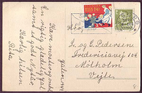 DE8014 Denmark 1949 Christmas seal tied to postcard