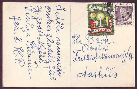 DE8015 Denmark 1951 Christmas seal tied to postcard