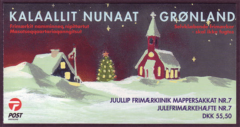 beautiful booklet from Greenland featuring Greenland booklet. Cover shows charming Christmas nighttime scene with house, church and Christmas tree..