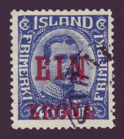 IC01505 Iceland Scott # 150 Used,  ''EIN KRONA'' overprint in red 1926.