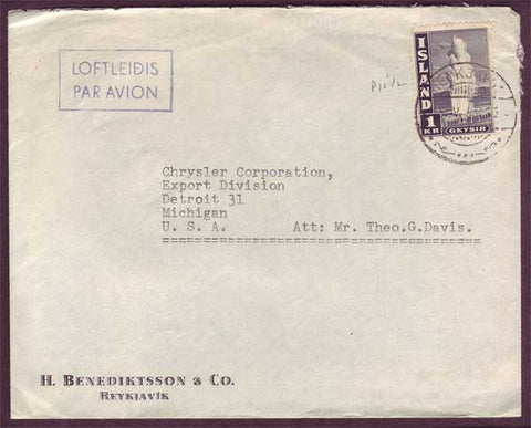 IC5052PH Iceland Commercial airmail to USA  ca. 1947