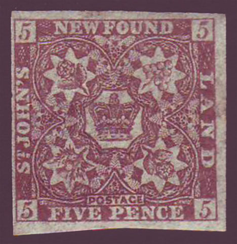 NF0052 Newfoundland 
      # 5 VF H (original gum)
      22mm x 22.5mm 
      brown violet - dry printing
      1857 - first pence issue