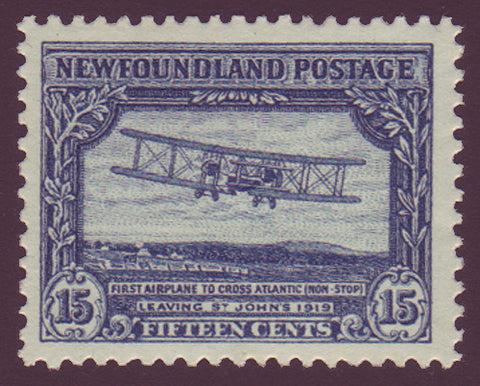 Newfoundland stamp showing a Vickers Vimy biplane  leaving St. John's in 1919.