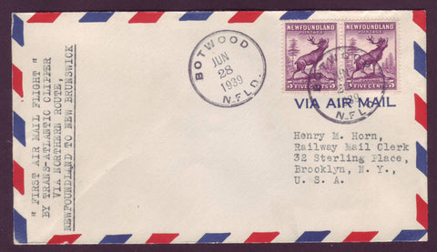 NF5021 Newfoundland First Flight Cover to New Brunswick 1939