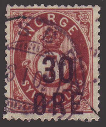 NO0063 Norway Scott # 63 used, 30o surcharge on 7sk brown