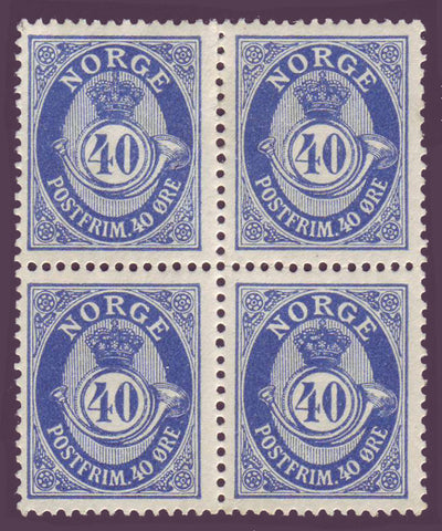 NO0093x4 Norway Scott # 93 block of 4 VF MH - Posthorn 1910-29