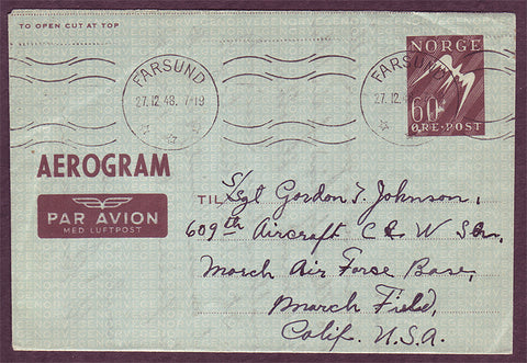 NO5100PH Norway Aerogram to USA 1948
