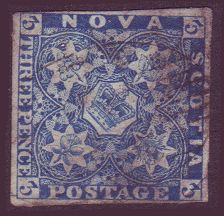 NS025      Nova Scotia # 2 blue F+ Used 1851