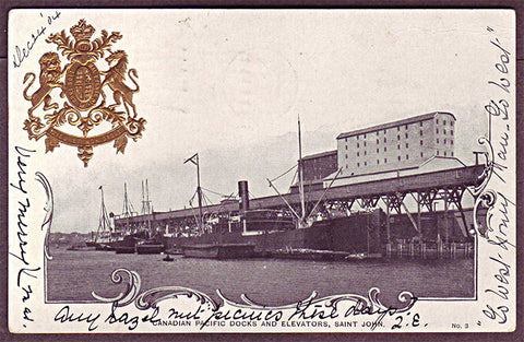 New Brunswick Patriotic Postcard, C.P. Docks and Elevators, St. John - 1904