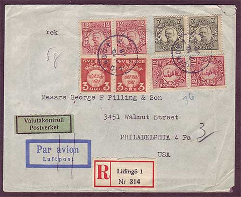 SW5044PH Sweden  Registered business airmail to USA 1948