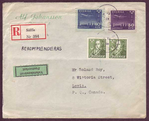 SW5125PH Sweden Registered letter to Canada - 2.6.1947