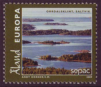 Aland stamp showing islets in the sea.