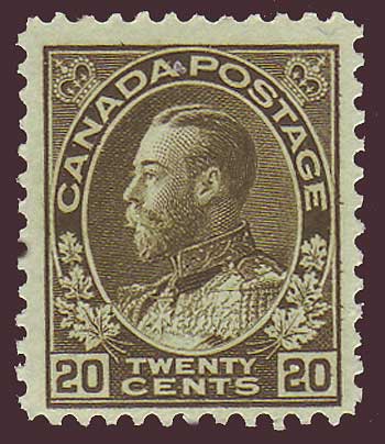 CA0119c1AG Canada 
      George V "Admiral " Issue 1911-1925
      Unitrade # 119c F-VF MNH** 
        dark olive green 
        (original gum)
      
        ;