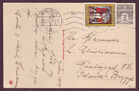 DE5089b Denmark 1924 Christmas seal tied to postcard.