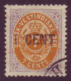 Timbre des Antilles danoises, lilas et orange avec surcharge de 1 cent en noir.