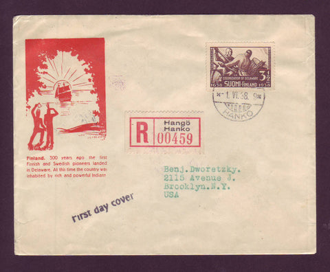 FI5032 Finland Registered FDC to USA, Colonization of Delaware 1938