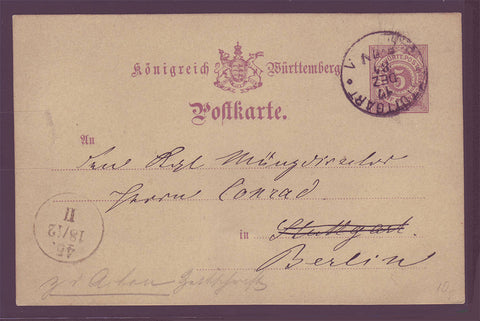 GE001 Germany, Wurttemberg Postal Stationery Card 1884