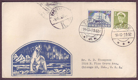 GR5005 Greenland Postmarked 14.10.1952. The beautiful cachet is signed 
        Spalding at the lower right.