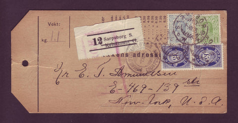NO5041 Norvège, Etiquette de colis / Déclaration de douane vers les Etats-Unis - 1926