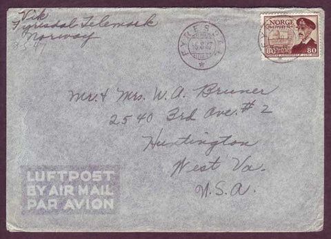 NO5083PH Norway Air Mail letter to USA 1947 with enclosure.