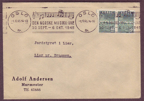 NO5106PH Norway 
      Machine cancel - music themed
      on local business mail
      1.10.1945