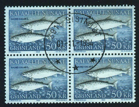 GR0141x45 Greenland Scott # 141 VF Used 4-block, Salmon