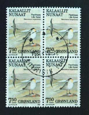GR0187x45 Greenland Scott # 187 VF Used 4-block, Birds 1990