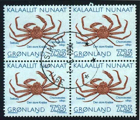GR0257x45 Greenland Scott # 257 VF Used 4-block, Crabs 1993
