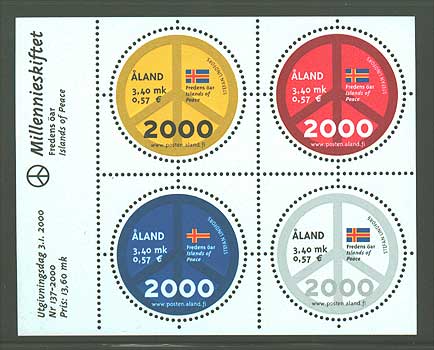 Aland souvenir sheet of 4 stamps showing flags and peace symbol.