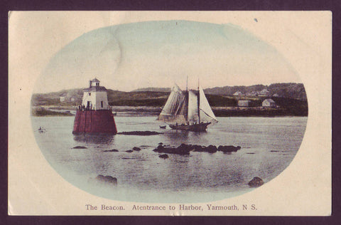 Beacon and Sailboat at the Entrance to Yarmouth Harbor, Nova Scotia - ca.1905.