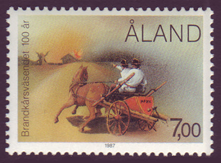 Aland stamp showing horse drawn fire wagon and firefighters
