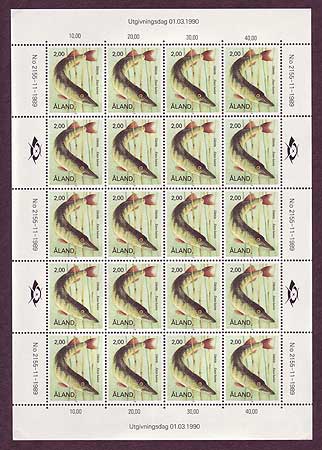 Aland sheet of 20 stamps showing pike.