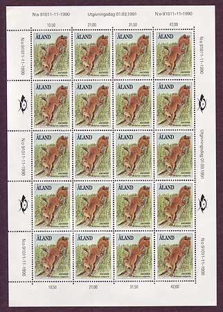 Aland sheet of 20 stamps showing Squirrels