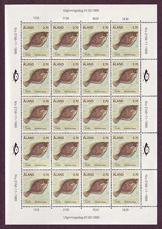 Aland full sheet of 20 stamps showing flounders.