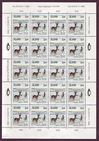 Aland sheet of 20 stamps showing roe deer.