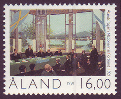 Aland stamp showing politicians debating the future of Aland.