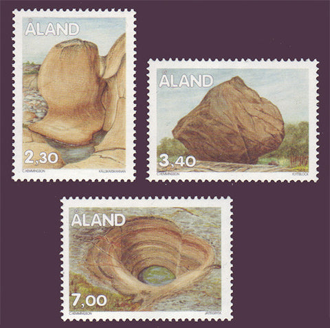 Aland set of 3 stamps showing different rock formations.