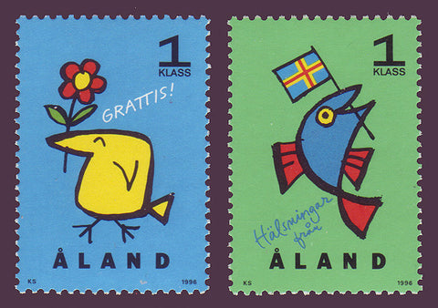 Aland set of 2 greeting stamps showing yellow bird and fish with flag. 