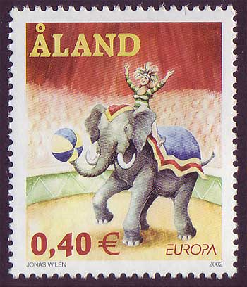 Aland stamp showing Circus ring with elephant and rider.