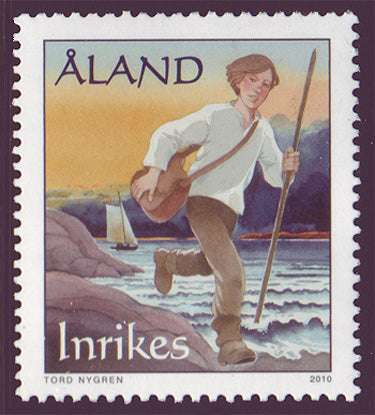 Aland stamp showing young man running with staff and mailsack.